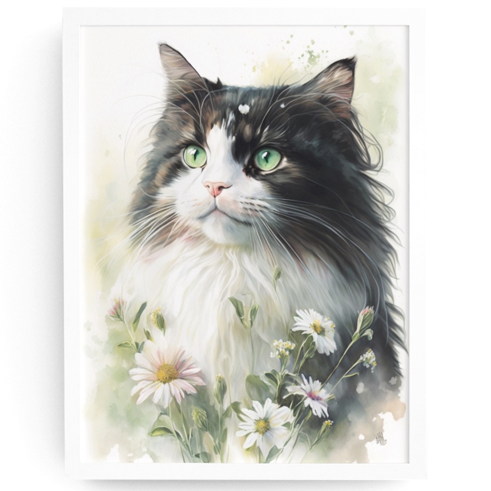 Cute Floral Tuxedo Cat Watercolor Wall Art Illustration Print Poster Unframed